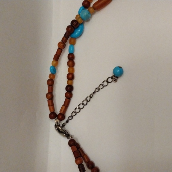 SOLD!! Vtg Coldwater Creek Turquoise Horn Doughnut Orb Wooden Double Necklace! - Picture 4 of 8